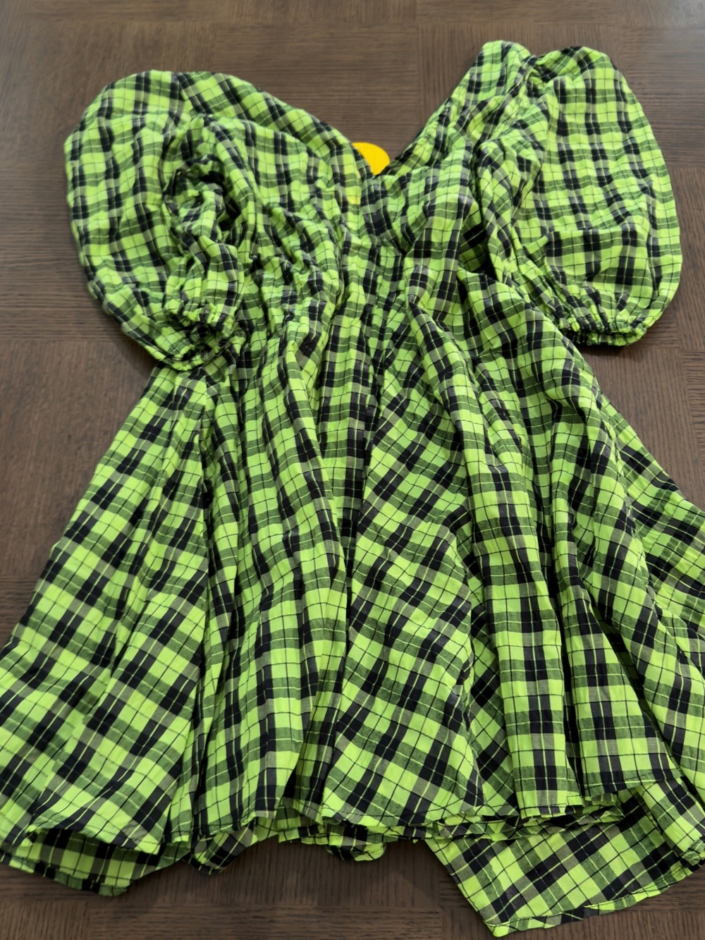 Ganni Neon Green Check Puff-Sleeve Mini Dress - Picture 4 of 10
